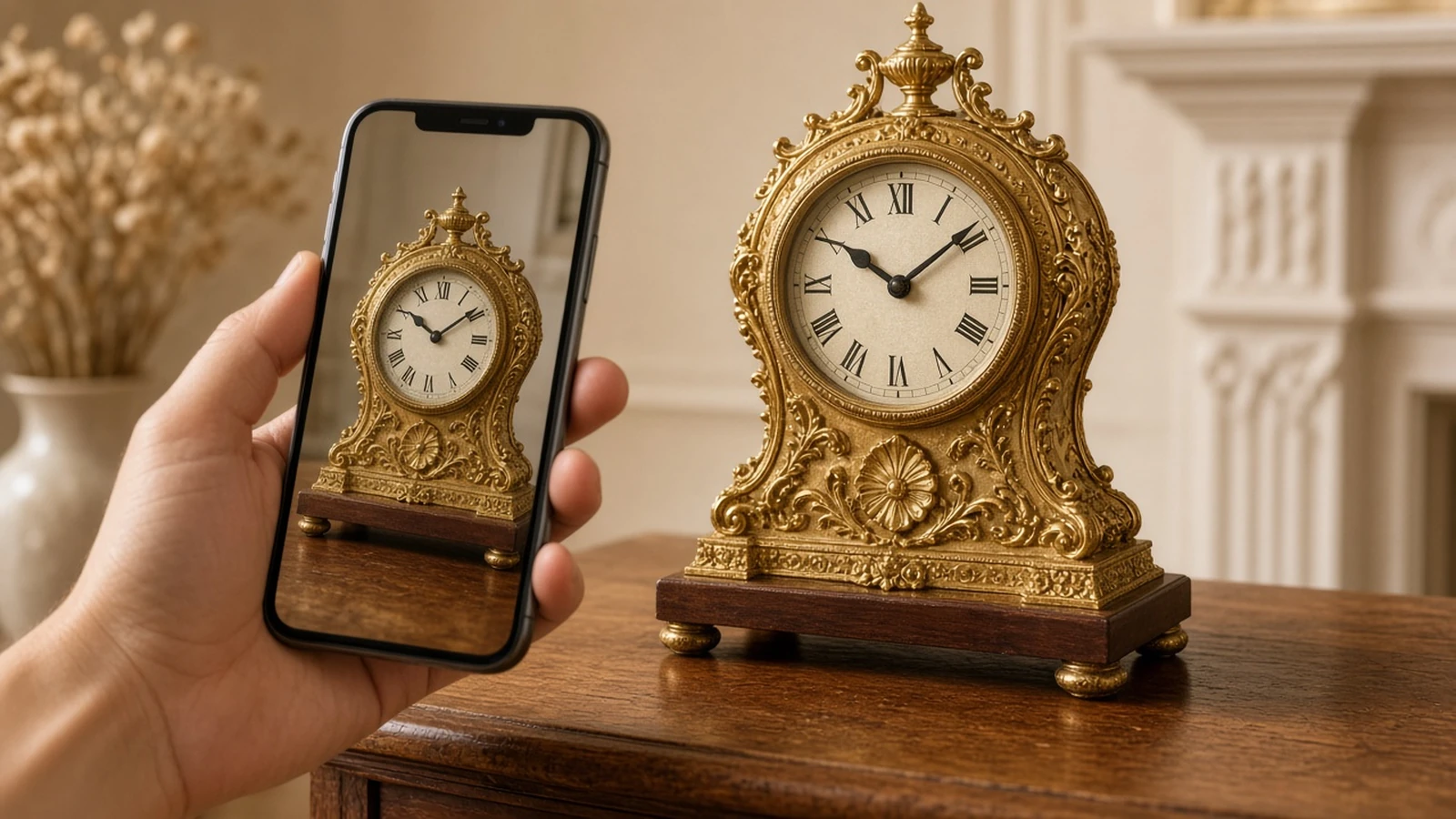 A gilt mantel clock on a table being photographed with a phone for valuation