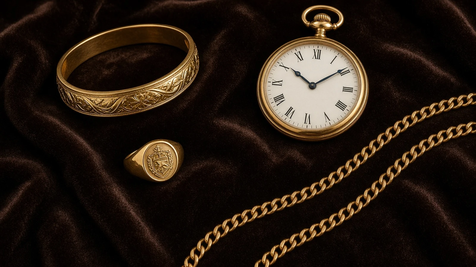 A gold bangle, signet ring, pocket watch and watch chains laid out on dark velvet