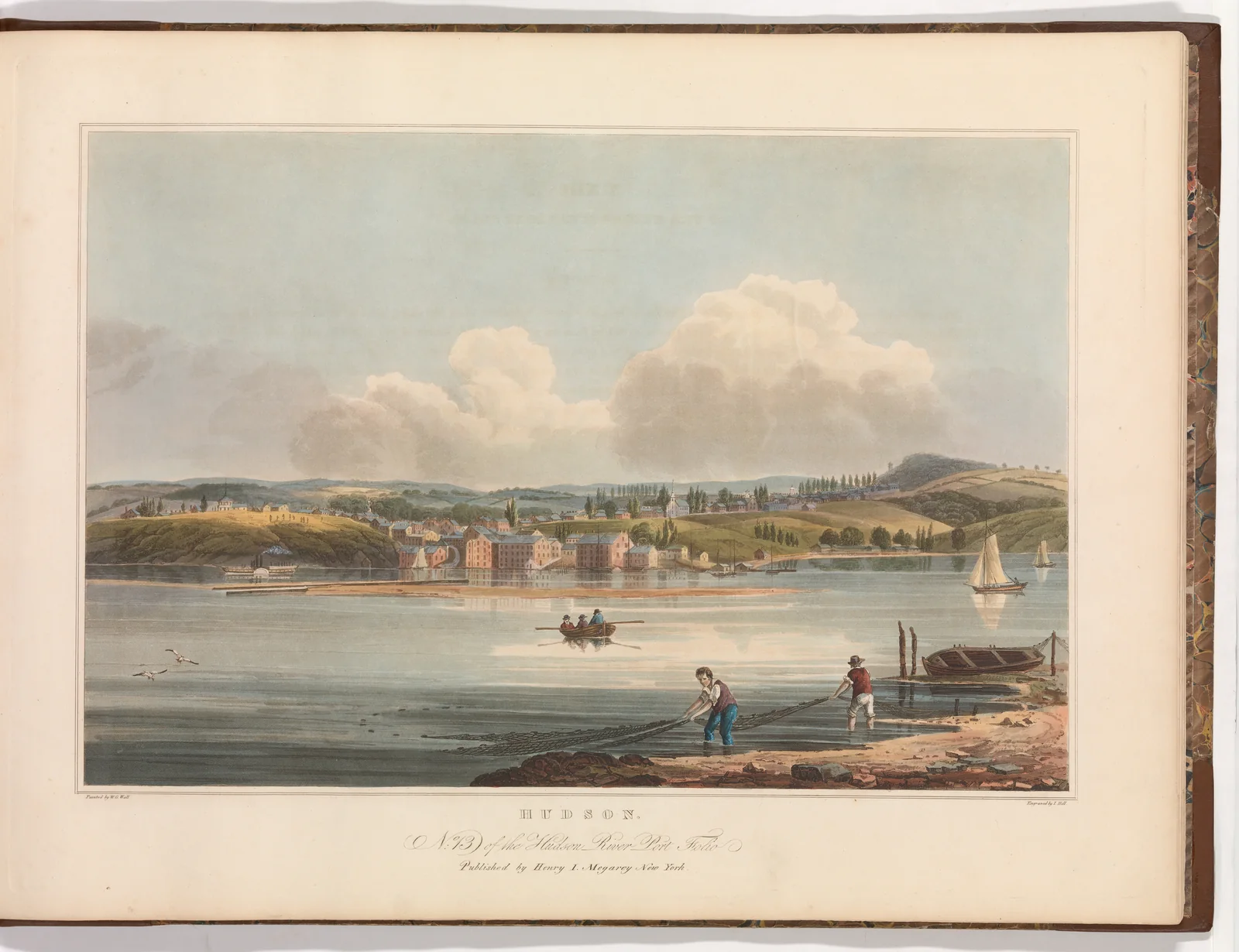 Hand-coloured aquatint print of the town of Hudson from The Hudson River Portfolio by John Hill, 1825