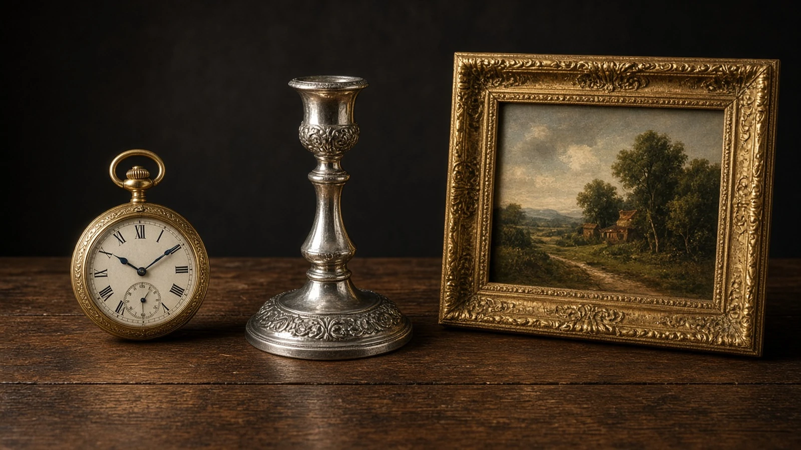 An open illustrated book resting on a polished table beside a brass lamp