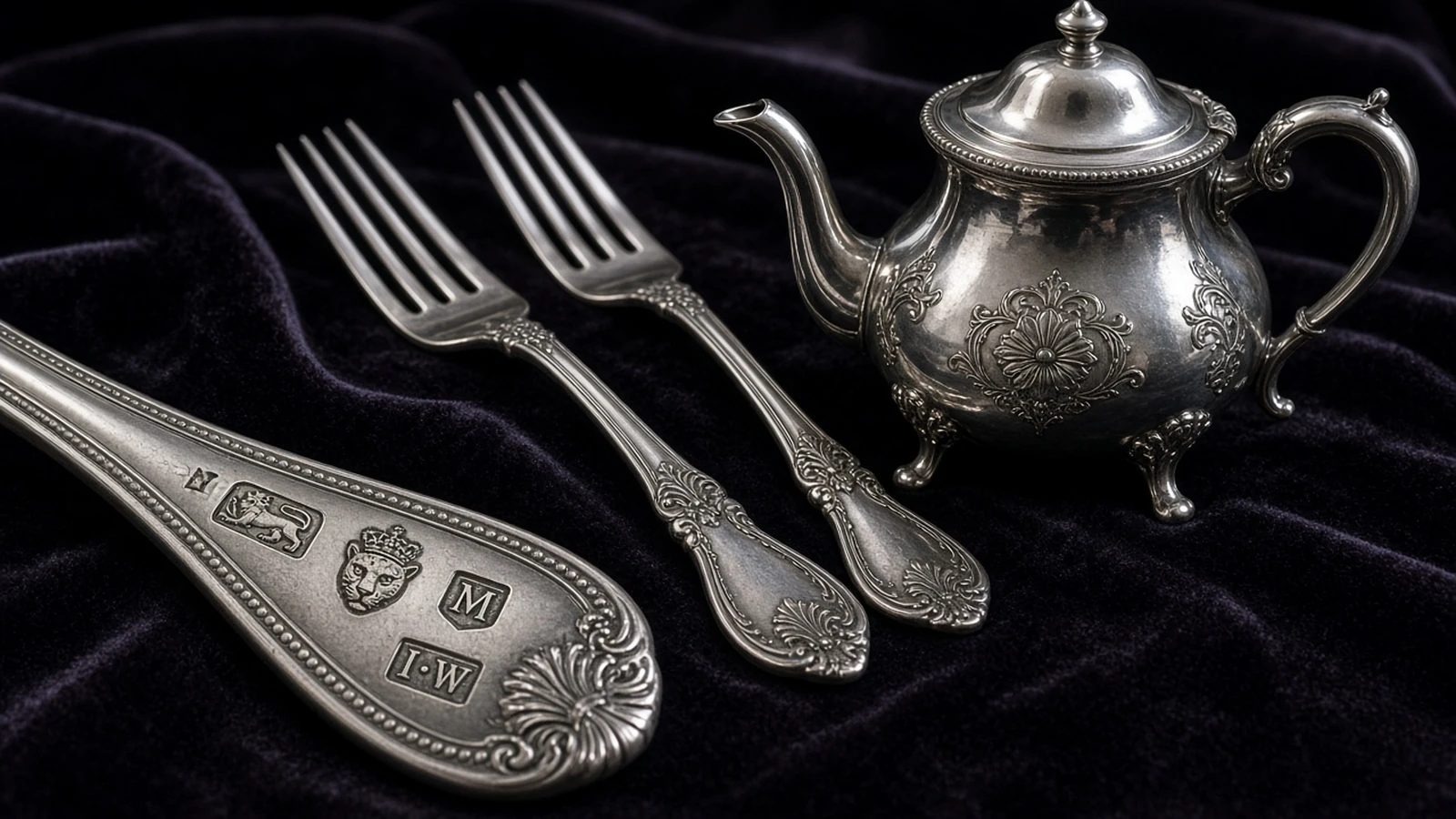 A hallmarked silver fork, teapot and flatware arranged on dark velvet with the marks visible